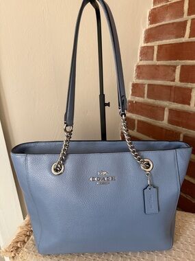 Coach Town Tote C1566 Blue Pebbled Leather Chain Shoulder Bag